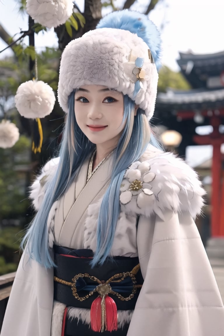 1girl, architecture, blue_eyes, blurry, blurry_background, building, cosplay_photo, depth_of_field, earrings, feather_boa, fur, fur-trimmed_coat, fur-trimmed_jacket, fur-trimmed_kimono, fur-trimmed_sleeves, fur_cape, fur_coat, fur_collar, fur_hat, fur_scarf, fur_trim, hat, japanese_clothes, jewelry, kimono, long_hair, blue hair, blue eyes, blush on, looking_at_viewer, outdoors, photo_\(medium\), pom_pom_\(clothes\), shrine, smile, solo, tree, upper_body, winter_clothes  ,keqingdef