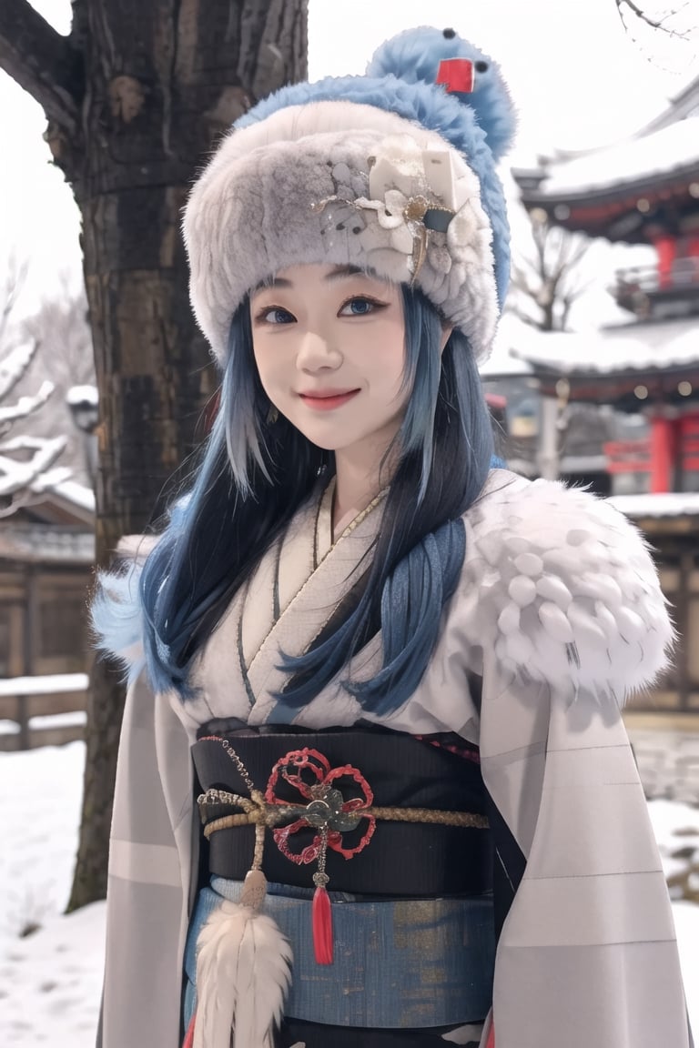 1girl, architecture, blue_eyes, blurry, blurry_background, building, cosplay_photo, depth_of_field, earrings, feather_boa, fur, fur-trimmed_coat, fur-trimmed_jacket, fur-trimmed_kimono, fur-trimmed_sleeves, fur_cape, fur_coat, fur_collar, fur_hat, fur_scarf, fur_trim, hat, japanese_clothes, jewelry, kimono, long_hair, blue hair, blue eyes, blush on, looking_at_viewer, outdoors, photo_\(medium\), pom_pom_\(clothes\), shrine, smile, solo, tree, upper_body, winter_clothes  ,keqingdef