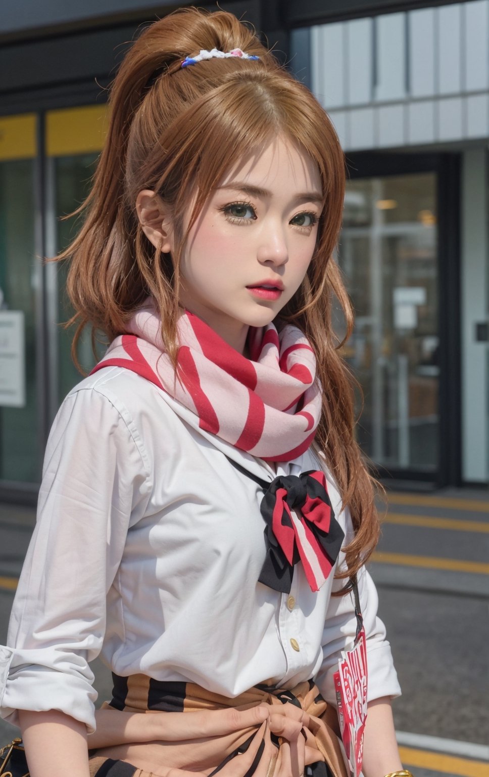 ((masterpiece, best quality)), (masterpiece:1.2), ultra detailed, best quality, , Aihara, gyaru,white uniform, scarf, bowtie, shops, street, blush, looking at viewer, cowboy_shot, full_body, index_finger_raised, 5_fignered