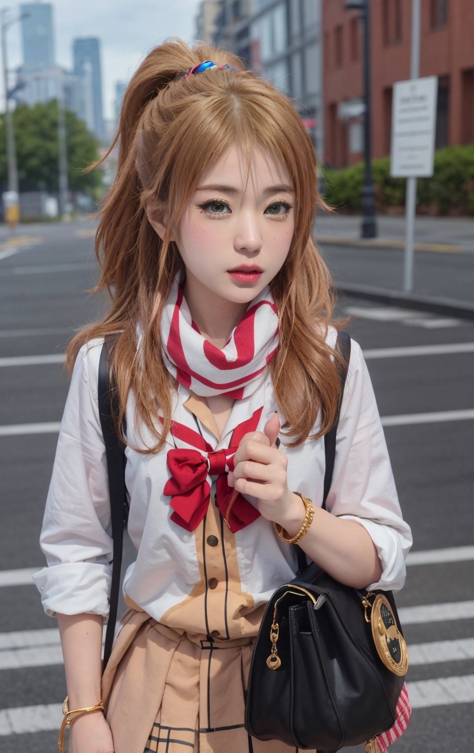 ((masterpiece, best quality)), (masterpiece:1.2), ultra detailed, best quality, , Aihara, gyaru,white uniform, scarf, bowtie, shops, street, blush, looking at viewer, cowboy_shot, full_body, index_finger_raised, 5_fignered