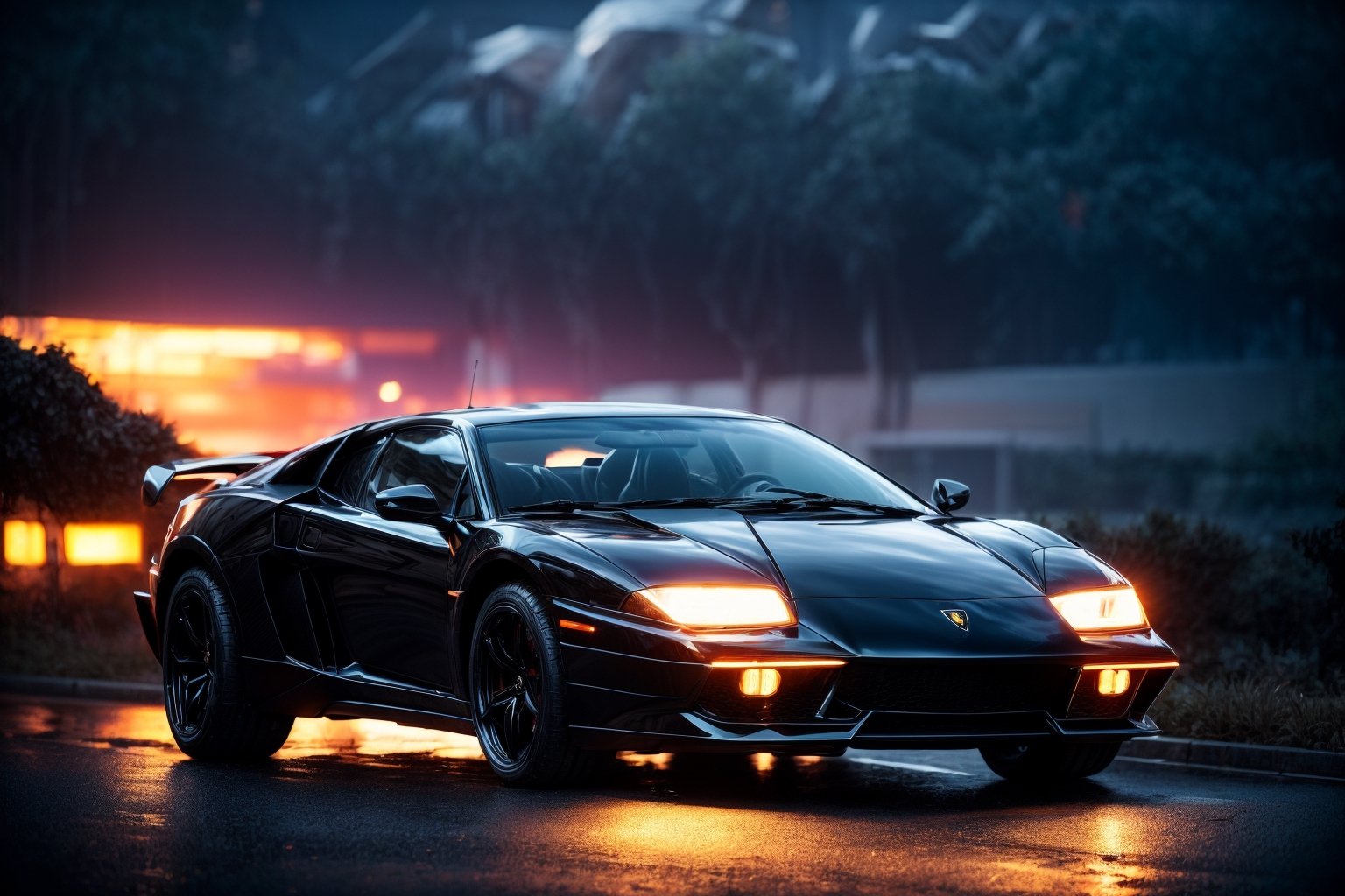 lamborghini,madmax style vehicle focus, no humans, cloud, sky, outdoors, night, rock,ray light