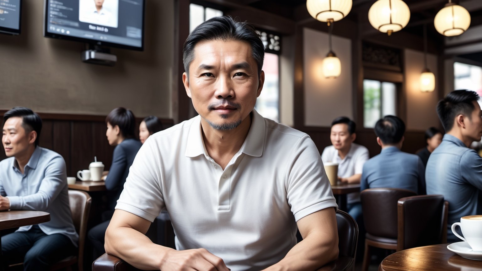 (Ultra realistic), best quality, (a handsome  middle-aged Chinese man facing the audience :1.41) , sitting in Coffee shop chair,  using the best artificial intelligence algorithm to generate pictures, Ultra HD, 32K, ultra realistic, dramatic, High detail, more detail,bl3uprint