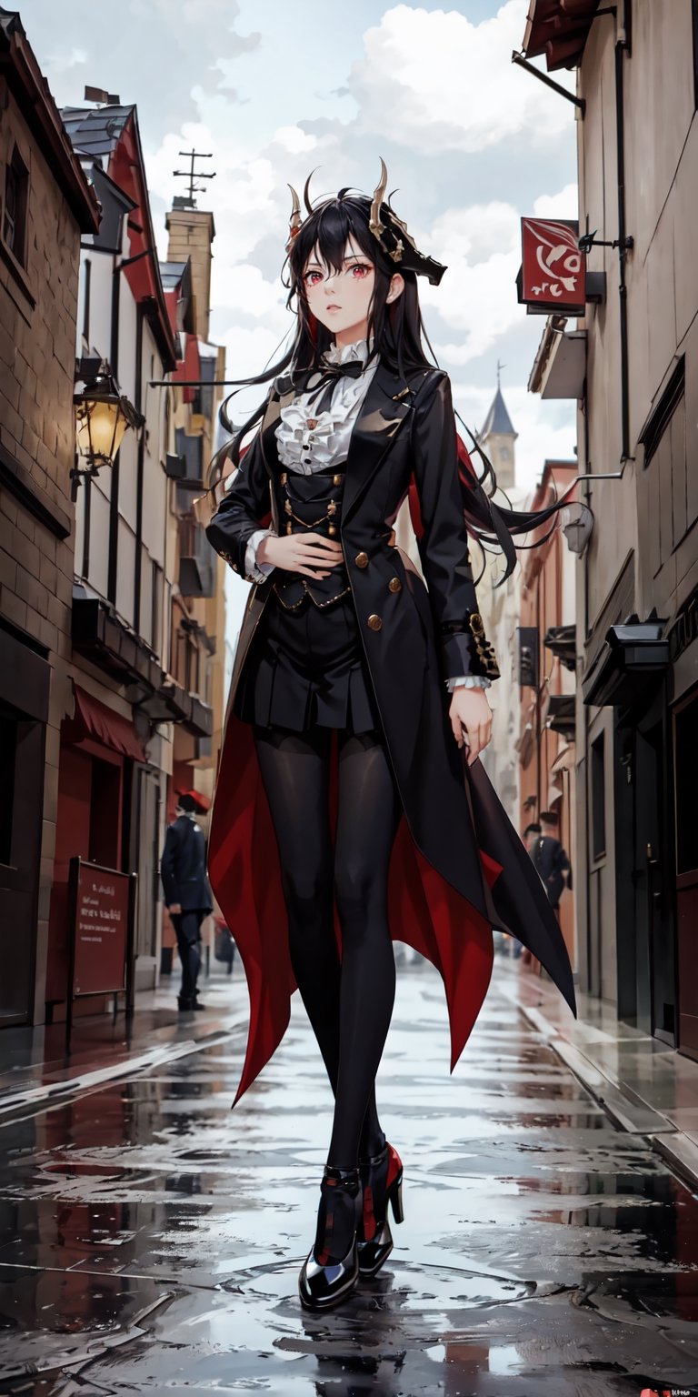 ultra detailed 8k cg, 1girl, fantasy style, hll,black pantyhose, full body shot, high heels, ((tailcoat)) suit, tophat, monocol, outdoors in victorian era england, dynamic pose, rain,Caera