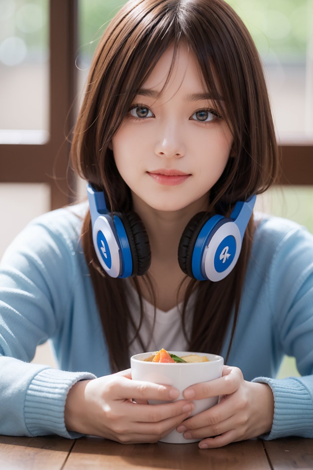 ((masterpiece, 8k, RAW, ultra realistic)), miku nakano, enjoying breakfast before school, long hair, bangs, blue eyes, brown hair, shirt, hair between eyes, shy smile, headphones, blue cardigan, white shirt, GREEN SKIRT, headphones around neck,
,MIKU NAKANO,Realism,Portrait