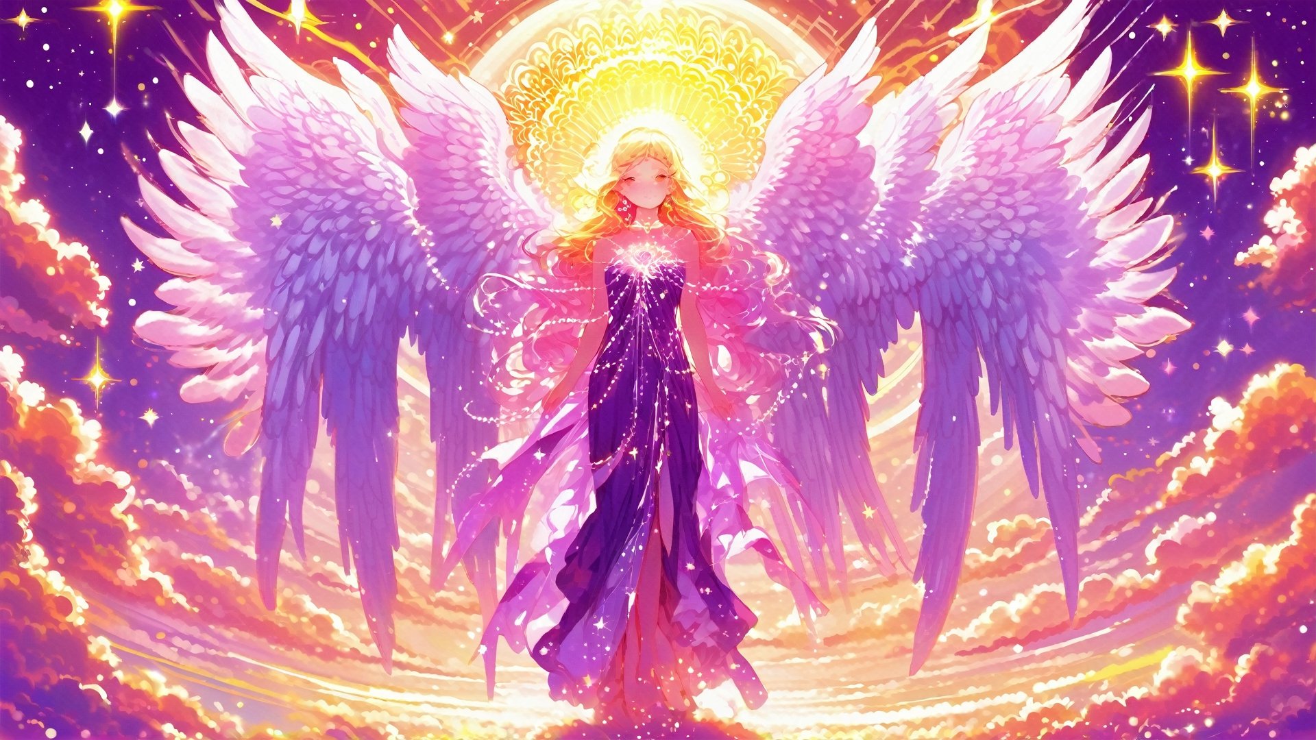 full height,  Three angels  in heaven at the gate to paradise  in  luminous long tunic, , dark purple violet.,Magical Fantasy style,holography, planets, stars are shining,  in sky light sun