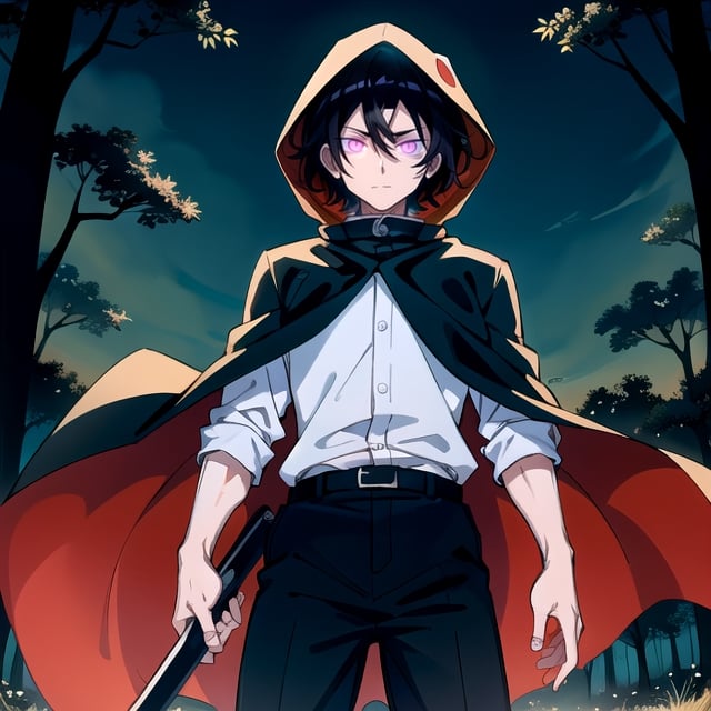 (masterpiece), high quality, 30 year old man, solo, anime style, short hair, deep black hair, cavalier and confident look, medieval black silk hood, medieval black shirt, medieval black silk cape, black pants, white eyes, eyes without pupils, glowing eyes, purple aura, night forest background., pokemovies,Jujutsu Kaisen,whiteeyes