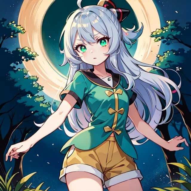 (masterpiece), high quality, 8 year old girl, solo, anime style, messy long hair, light gray hair, expressionless look, green silk steampunk shirt, brown shorts, light green eyes, glowing eyes, green aura, night forest background., pokemovies, wally, allister \(pokemon\), pokemon,regulus_corneas,ngnlshiro