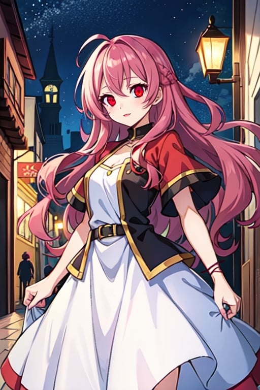 (masterpiece), high quality, 13 year old girl, solo, anime style, long wavy hair, fluorescent magenta hair, joyful look, white medieval elegant dress, red eyes, glowing eyes, red thread around the right index, fuchsia aura, night medieval city background., pokemovies,seraphine