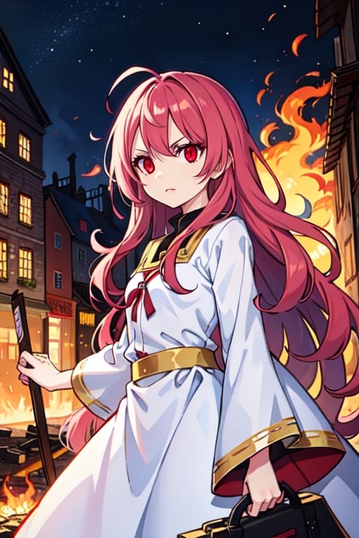 (masterpiece), high quality, 14 year old girl, solo, anime style, long wavy hair, fluorescent magenta hair, obsessive and angry look, white medieval dress covered in ashes, red eyes, glowing eyes, fuchsia aura, night medieval ruined city burning to the ground background., pokemovies,seraphine