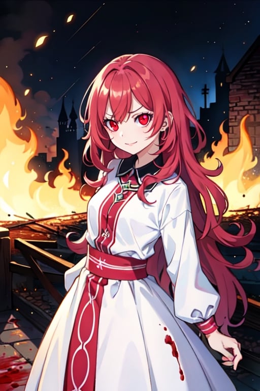 (masterpiece), high quality, 14 year old girl, solo, anime style, long wavy hair, fluorescent magenta hair, smiling, obsessive and angry look, covered in blood, white medieval elegant dress, red eyes, glowing eyes, fuchsia aura, night medieval ruined city burning to the ground background., pokemovies,seraphine
