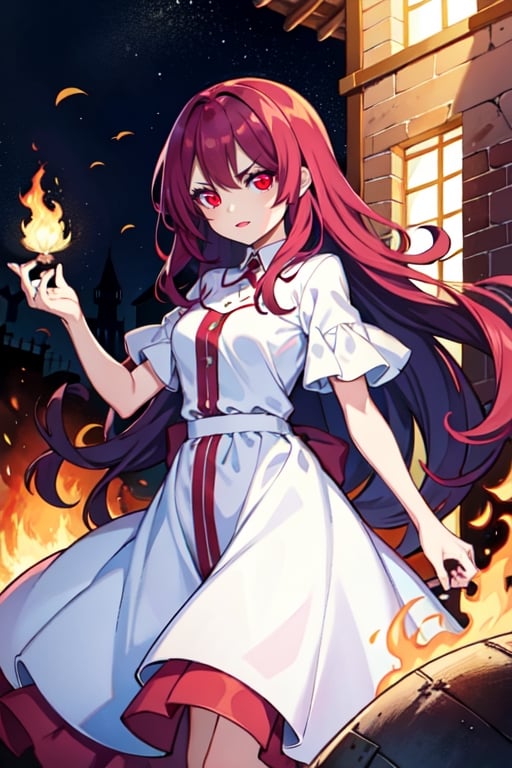 (masterpiece), high quality, 14 year old girl, solo, anime style, long wavy hair, fluorescent magenta hair, joyful, obsessive and angry look, covered in blood, white medieval elegant dress, red eyes, glowing eyes, fuchsia aura, night medieval ruined city burning to the ground background., pokemovies,seraphine