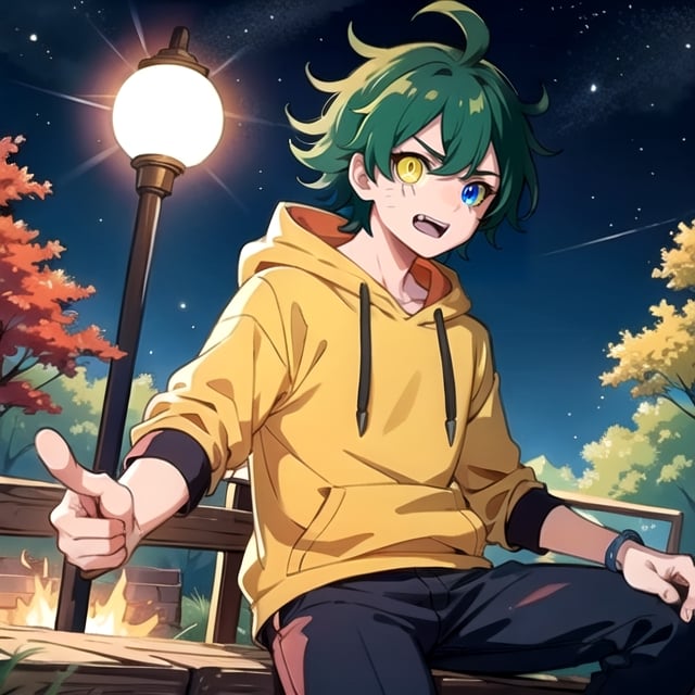 (masterpiece), high quality, 19 year old boy, solo, anime style, mid hair, deep dark green hair, scared look, dark blue medieval hoodie, black pants, heterochromia, green right eye, yellow left eye, glowing eyes, green aura, night forest background., pokemovies, wally, allister \(pokemon\), pokemon,Komaeda_Nagito,son goku,Naruto uzumaki ,1utf1