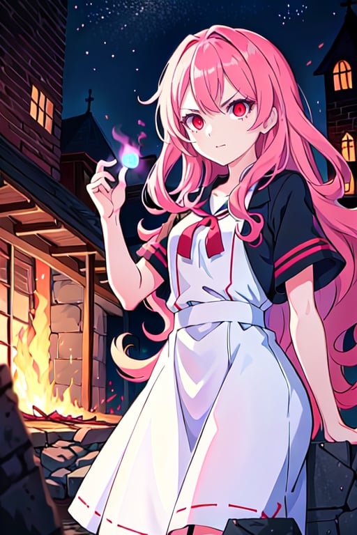 (masterpiece), high quality, 14 year old girl, solo, anime style, long wavy hair, fluorescent magenta hair, obsessive and angry look, white medieval elegant dusty dress, red eyes, glowing eyes, fuchsia aura, night medieval ruined city burning to the ground background., pokemovies,seraphine