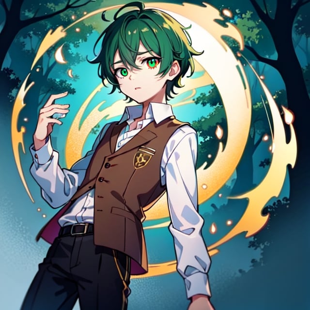 (masterpiece), high quality, 10 year old boy, solo, anime style, mid hair, deep dark green hair, helpless look, brown leather waistcoat, white silk shirt, black pants, light green right eyes, light yellow left eye, glowing eyes, green aura, night forest background.,wally