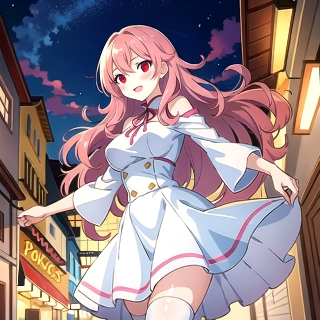 (masterpiece), high quality, 13 year old girl, solo, anime style, long wavy hair, fucsia hair, joyful look, white medieval elegant dress, long white stockings, big sized breasts, red eyes, glowing eyes, pink aura, night medieval city background., pokemovies