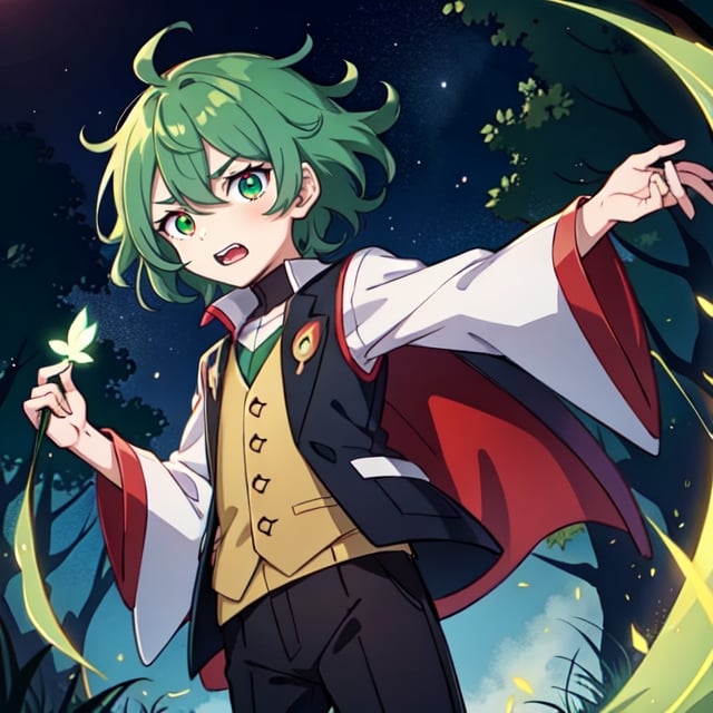 (masterpiece), high quality, 8 year old boy, solo, anime style, mid hair, deep dark green hair, scared look, brown leather medieval waistcoat, white silk shirt, black pants, light green eyes, glowing eyes, green aura, night forest background., pokemovies, wally, allister \(pokemon\), pokemon,Komaeda_Nagito