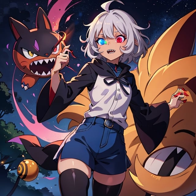 (masterpiece), high quality, 19 year old trap dark elf, solo, anime style, black skin tone, mid hair, gray hair, confident look, sharp teeth, sharp red claws, purple medieval long sleeves shirt, purple tights, heterochromia, medieval black leather coat, red eyes, glowing eyes, red aura, night forest background., pokemovies, wally, allister \(pokemon\),Komaeda_Nagito,son goku,Naruto uzumaki ,1utf1,otoko_no_ko,kaga(everlasting killing stone),faputa,mare bello fiore,kyokodg