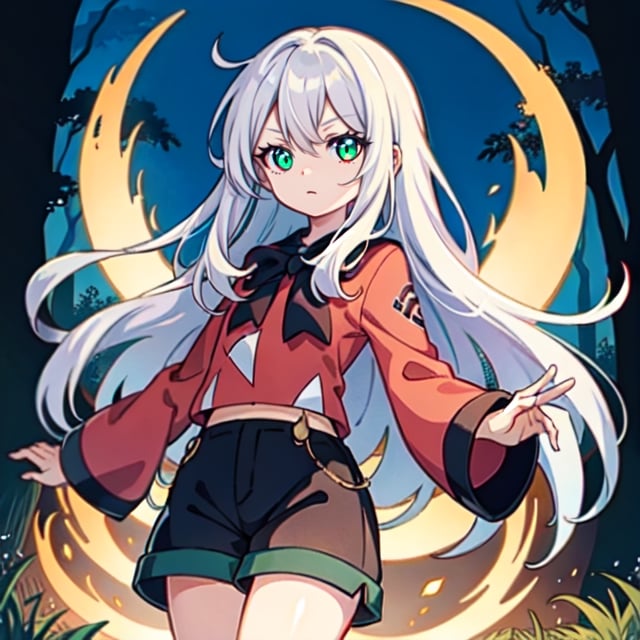 (masterpiece), high quality, 8 year old girl, solo, anime style, messy long hair, light gray hair, expressionless look, green silk medieval shirt with long sleeves, dark brown shorts, light green eyes, glowing eyes, green psychic aura, night forest background., pokemovies, wally, allister \(pokemon\), pokemon,regulus_corneas,ngnlshiro