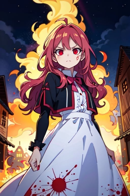 (masterpiece), high quality, 14 year old girl, solo, anime style, long wavy hair, fluorescent magenta hair, obsessive and angry look, covered in blood, white medieval elegant dress, red eyes, glowing eyes, fuchsia aura, night medieval ruined city burning to the ground background., pokemovies,seraphine