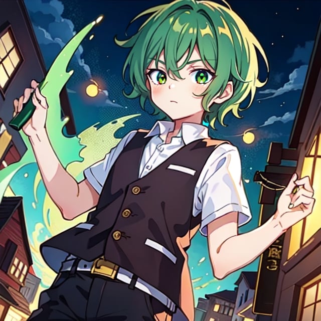 (masterpiece), high quality, 10 year old boy, solo, anime style, mid hair, deep dark green hair, helpless look, brown leather waistcoat, white silk shirt, black pants, light green right eyes, light yellow left eye, glowing eyes, green aura, medieval city background.,wally