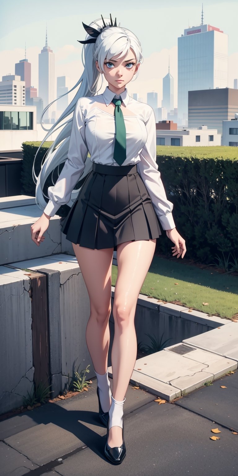 masterpiece, best quality, absurdres, perfect anatomy, 1girl, solo, outdoors, rooftop, midnight, full_body, feet, standing_up, facing_viewer, looking_at_viewer, focus, slim_body, weiss_schnee,  eye_scar, white_hair, blue_eyes,  wide_hips, big_thighs, curvy_hips, micro_skirt, red_skirt, white_shirt, green_tie, loafers_shoes, 