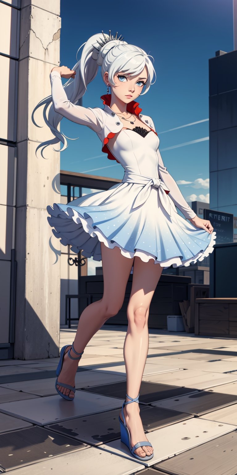 masterpiece, best quality, absurdres, perfect anatomy, 1girl, solo, outdoors, rooftop, midnight, full_body, feet, standing_up, facing_viewer, looking_at_viewer, focus, slim_body, weiss_schnee,  eye_scar, white_hair, blue_eyes,  weissvale, ponytail, side_ponytail, white dress, jewelry, necklace, red_earrings, wedges, 