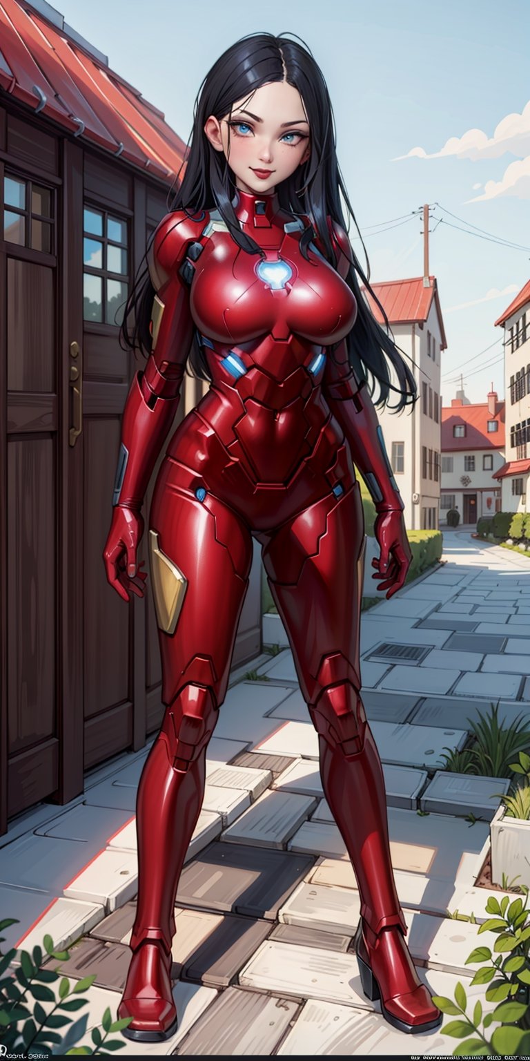 ARTSTYLE_AromaSensei_ownwaifu,masterpiece, best quality, absurdres, perfect anatomy, 1girl, solo, outdoors, city, midnight, full_body, feet, standing_up, facing_viewer, looking_at_viewer, focus, smirk, Laura, red lips, blue eyes, long black hair, thicc_hips,  huge_breast,


(wearing red irongirl_suit made_of_fractals:1.4),(fractalized, fractal_body:1.3), armor, ironman cosplay, armored_boots, gloves, wedges