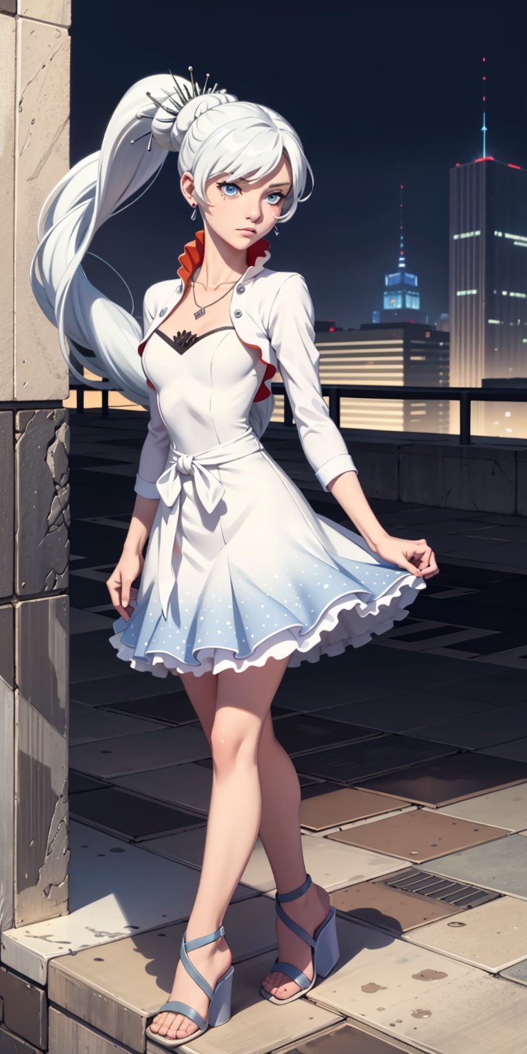 masterpiece, best quality, absurdres, perfect anatomy, 1girl, solo, outdoors, rooftop, midnight, full_body, feet, standing_up, facing_viewer, looking_at_viewer, focus, slim_body, weiss_schnee,  eye_scar, white_hair, blue_eyes, weissvale, ponytail, side_ponytail, white dress, jewelry, necklace, red_earrings, wedges, 