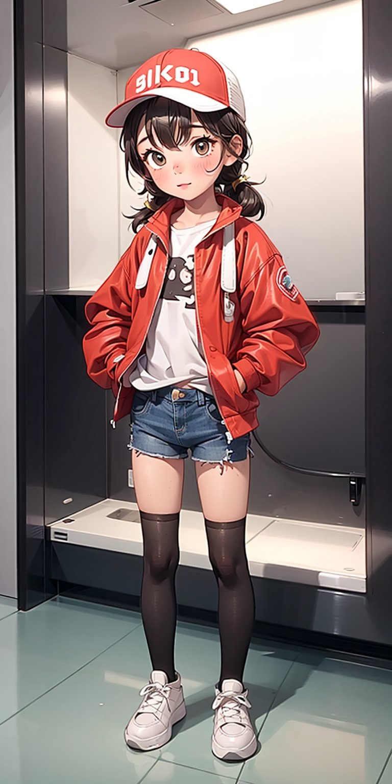 1 girl, alone, girl, full body, 1 girl wearing tight denim shorts, thigh-high stockings, plaid button-down shirt, sneakers, trucker hat, girl posing standing, legs slightly open