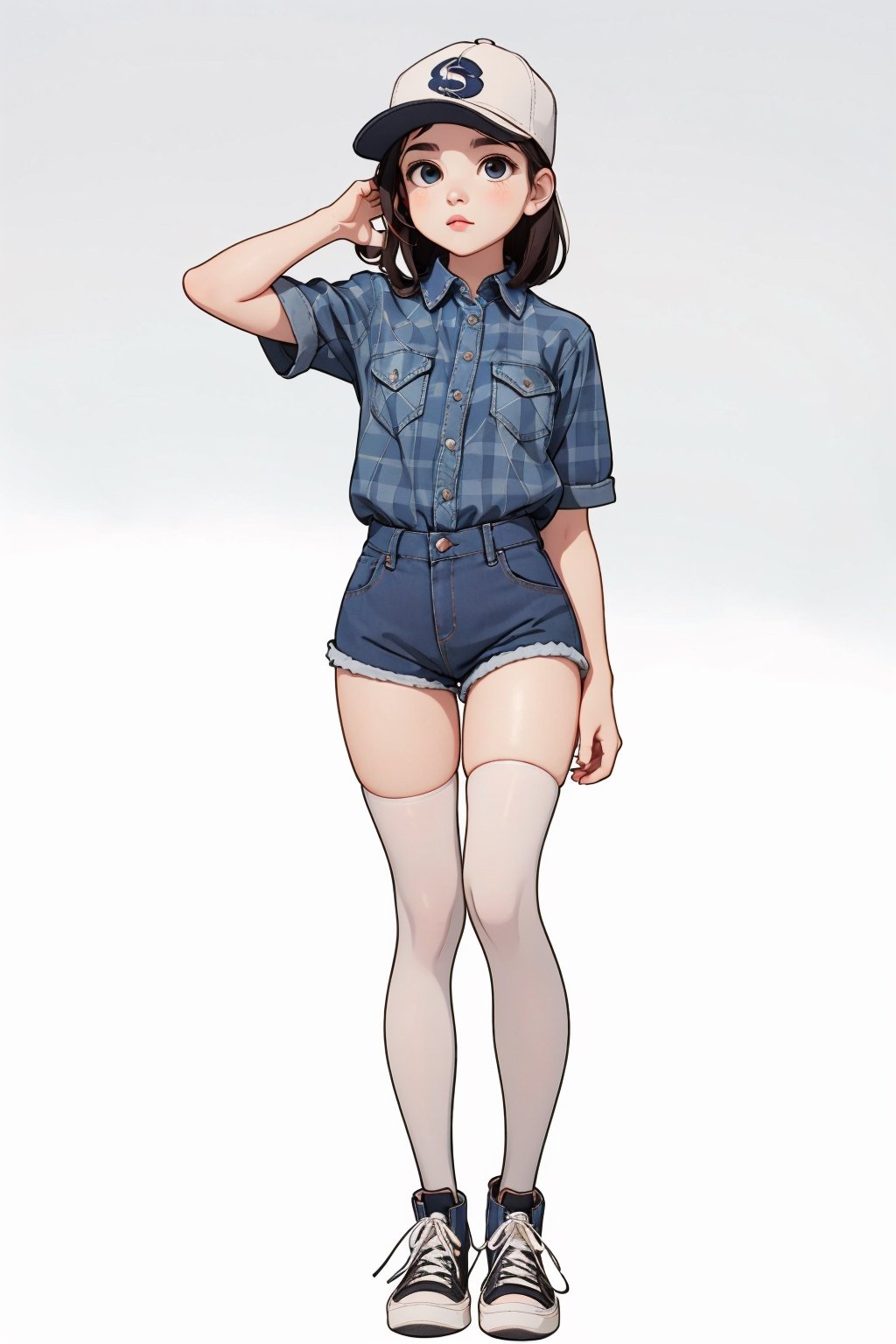 1 girl, alone, girl, full body, 1 girl wearing tight denim shorts, thigh-high stockings, plaid button-down shirt, sneakers, trucker hat, girl posing standing, legs slightly open, no background, simple background, gradient background, white plain background, beautiful_lolita_girl,