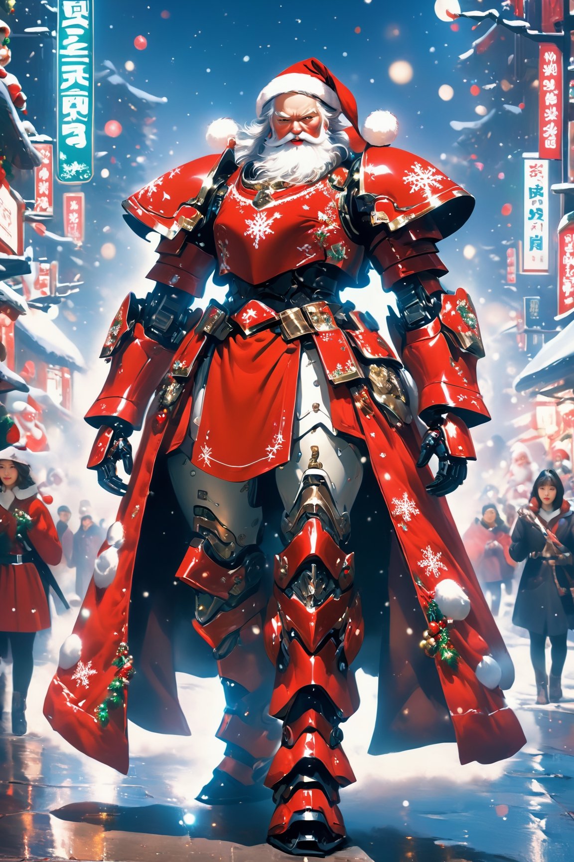 (Best quality,  8k,  realistic Masterpiece,  UHD:1.2),  centered,  detailed,  anatomically correct,  a beautiful korean,  (wearing santa claus mecha armor,  ,  (happy and seductive),  knee up photo,  ,  ),  and gems,  santa armor boots,  armor,  contrast colored embroidery adorned,  parade  Christmas  night street,,,,sooyaaa,horror