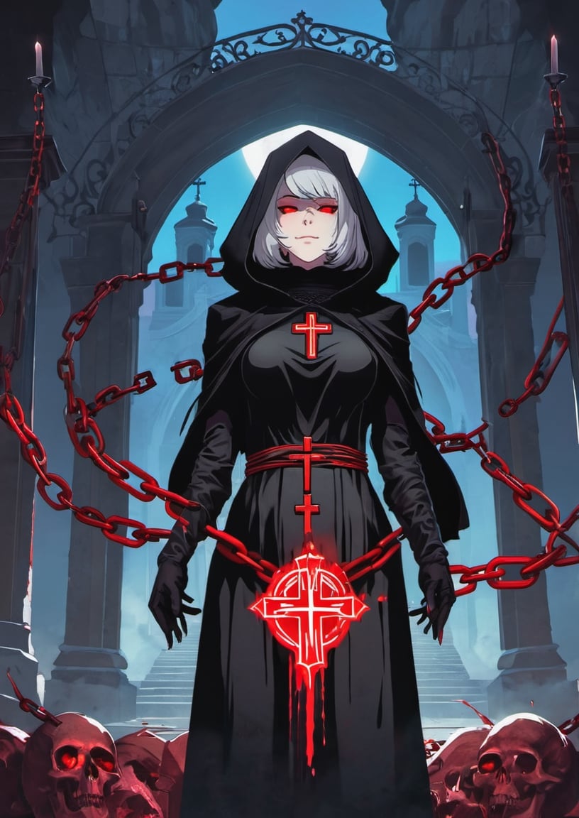 short grey hair, red eyes, long bangs, hair covering eyes, bangs covering eyes, eyes covered, blood tears, bare shoulders, detached sleeves, priestess, nun, black habit, despair, smiling, capalet, black sclera, eldritch horror, blood moon, red moon, cross, chains, chained, disturbing, skulls, church, inverted, shadows, shadow monster, shadow demon, demonic, horror, blurred, pixel, cartoony, like blue archive, stylised, glitch art, low saturation, wallpaper, landscape, The character is in the center of the frame, Girl on the center axis of the picture, bloom, detailed hands, super detail, Tenebrism art style, creepy, in hell