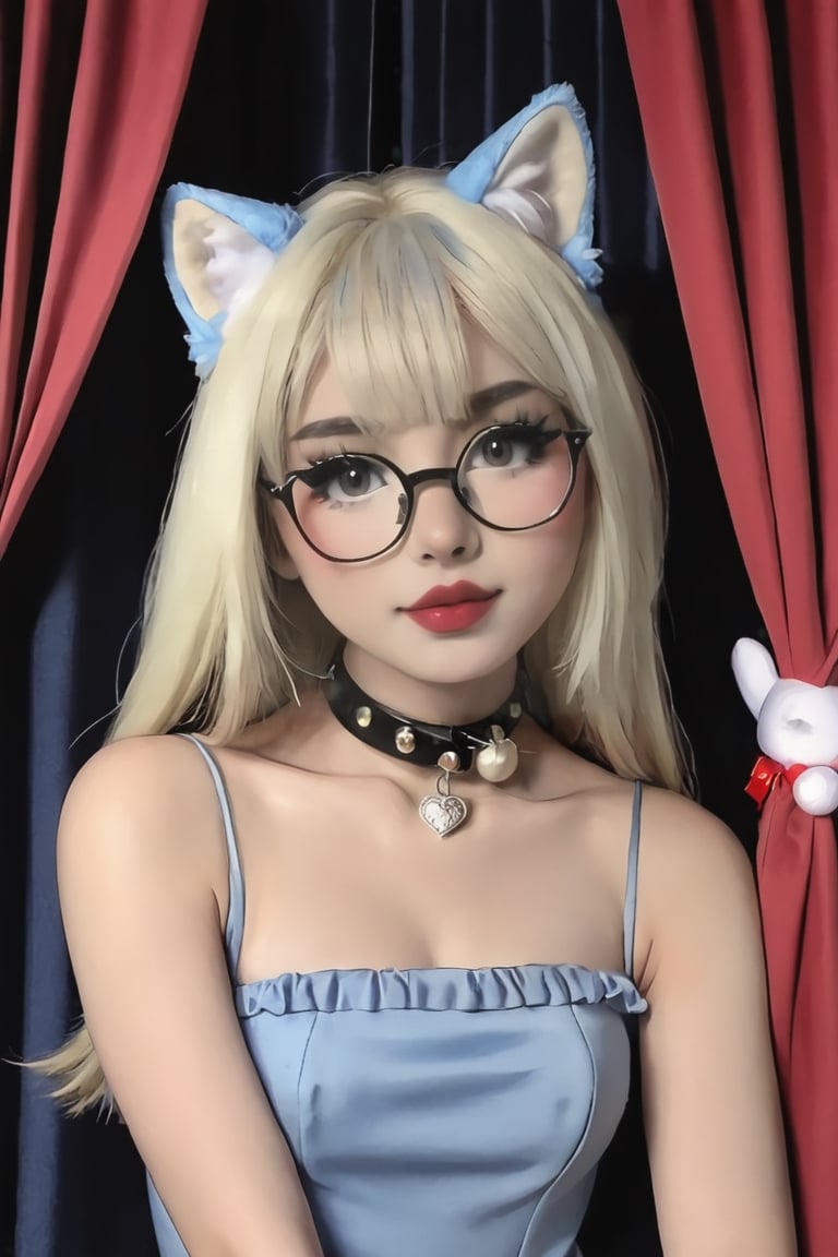 1girl, solo, blue eyes, gloves, bell, animal ears, stuffed toy, long hair, realistic, stuffed animal, mole under eye, mole, black gloves, masterpiece, insane details, micro details, Amazing shading, intricate details, glasses, looking at viewer, lips, blonde hair, choker, eyelashes, neck bell, cat ears, teddy bear, head rest, bangs, bare shoulders, jingle bell, closed mouth, white hair, nose, makeup, portrait, curtains, multicolored hair, upper body, blunt bangs, mascara, collar, hand on own face, indoors, red lips