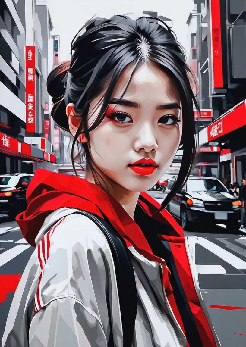 masterpiece, (beautiful and aesthetic:1.5), highly detailed, a painting of 1girl with red and black stripes, hard brush, minimalist low poly painting, in the style of manga, splatter oil paintings, use of screen tones, city portraits, heavy inking, digital as manual