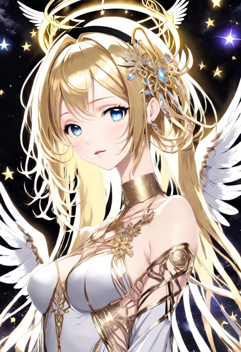 (((masterpiece))),(((crystals texture Hair))),(((((extremely detailed CG))))),((8k_wallpaper)), (1 girls:1.5),big top sleeves, floating,beautiful detailed eyes, overexposure, side blunt bangs, buttons, bare shoulders,(loli),light shafts, soft focus, character focus,wings,(((Transparent wings))),
[[((Wings made of golden lines,angel wing,gold halo around girl,many golden ribbon,Aureate headgear,gold magic circle in sky,ight, black sky):1.3):((galaxy background, snowflakes, night sky, black pupils, starts sky background, stars behind girl, view on sky,standing):0.8)),Elegant hair,Long hair,The flying golden lines,Messy golden lines,halo,hairs between eyes,Small breasts,ribbons, bowties,red eyes, golden pupil, white hair,flowing hair,disheveled hair:Delicate arms and hands:0.8