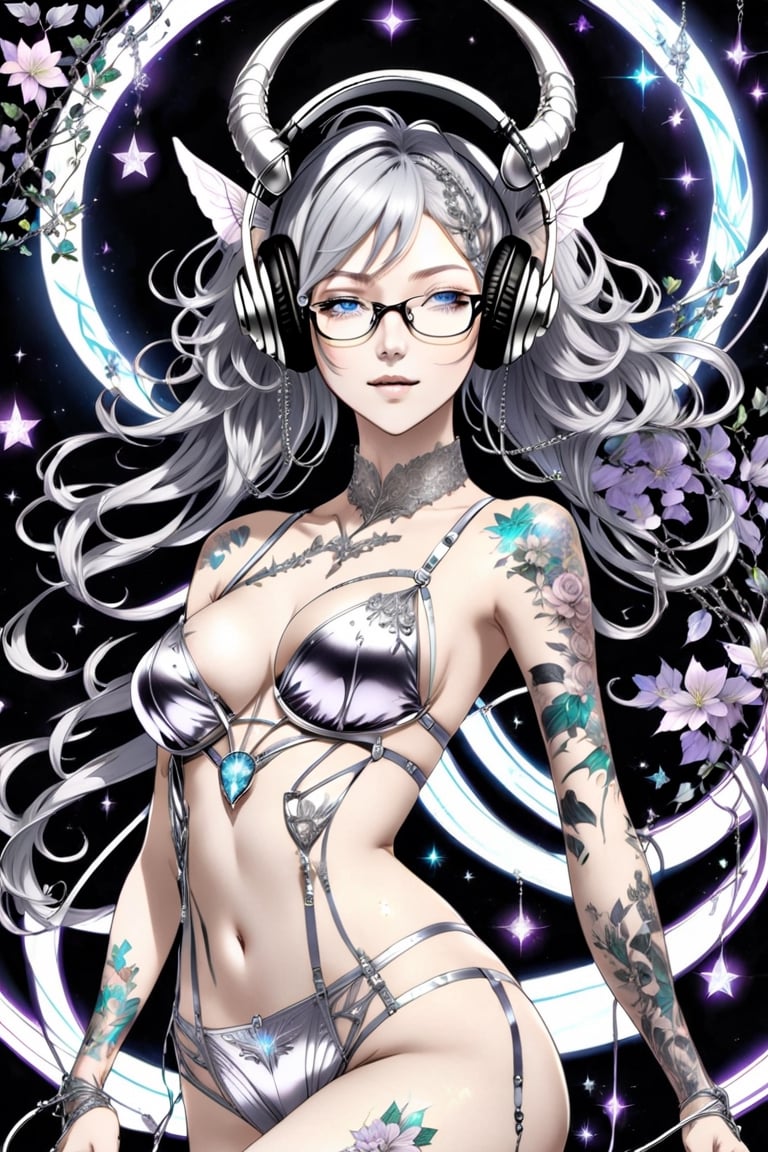 Asymetrical, Black background, Magnificent intricate pencil drawn, intricate Silver lingerie, Dynamic light, intricate anime Style, posing, intricate demonic, posing, Wind in hair, few colors, anime illustration,  futuristic, pencil drawn, sexy, Silver lingerie, Hot Japanese woman, with horns, with glasses, headphones, tattooed, wrist Chains, shackled, fantasy, fairy lights, flowers, magical,  beautiful, mythical, enchanted, perfect composition,  anime Female character,DonMC3l3st14l3xpl0r3rsXL