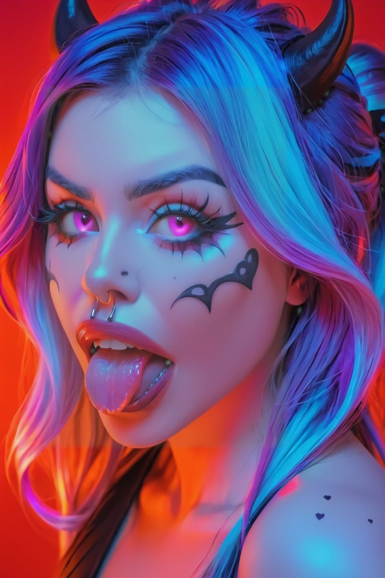 demon girl, fangs, tongue out, face markings, messy, swirls, neon colours, red background, quarter profile, purple skin, feral, strong, portrait, from below, hearts, glow, cruel, pillowy lips, white fangs, neon cyan outline,, beautiful
