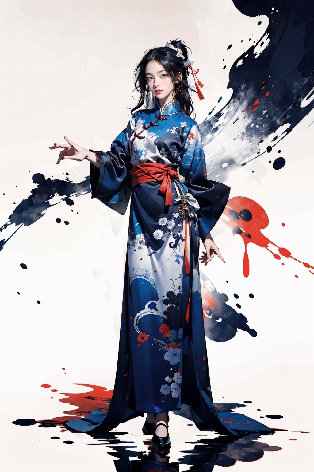 8k, (absurdres, highres, ultra detailed), (1 girl:1.3), curly long hair, EpicArt,Chinese ink paint, ((colorful water inkSpot)) ,black and white,Chinese style, burgundy-blue theme, full body,chinese_clothes,ink splash