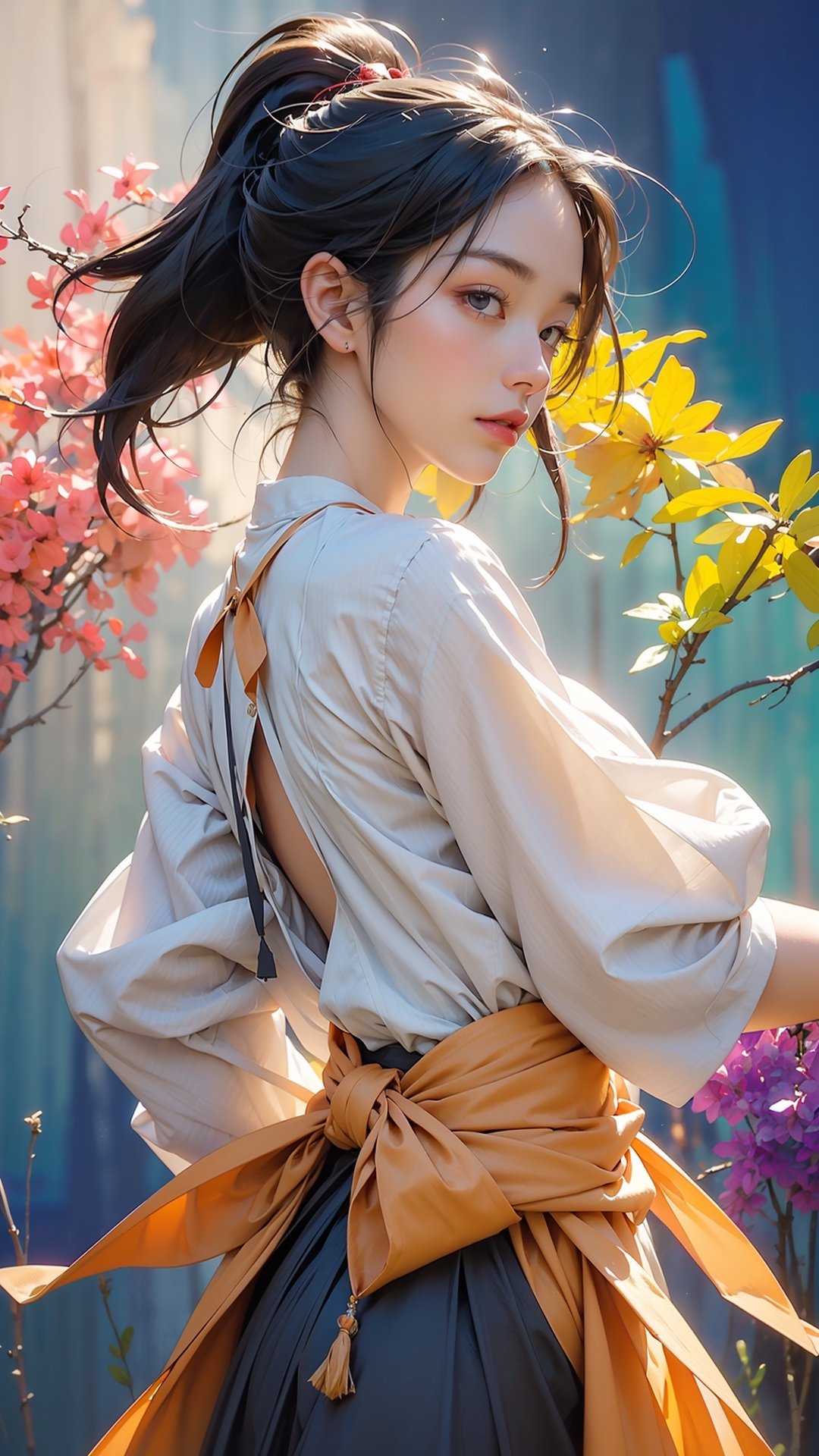 extreme detailed, (masterpiece), (top quality), (best quality), (official art), (beautiful and aesthetic:1.2), (stylish elegant pose), (1 woman), (fractal art:1.3), back view, (colorful theme: 1.6), strong light, sun flare,  ppcp, medium skirt, wearing Braided bracelet, ((face close up)), perfect,ChineseWatercolorPainting