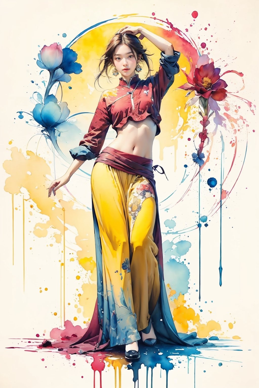 extreme detailed, (masterpiece), (top quality), (best quality), (official art), (beautiful and aesthetic:1.2), (stylish pose), (1 woman), (fractal art:1.3), (colorful), (burgundy-yellow theme: 1.2), ppcp, 七分裙, show navel, full body, ,perfect,ChineseWatercolorPainting,Chromaspots,masterpiece