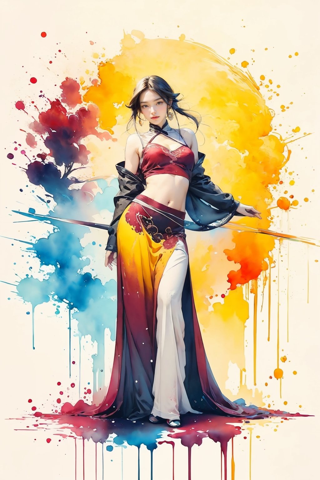 extreme detailed, (masterpiece), (top quality), (best quality), (official art), (beautiful and aesthetic:1.2), (stylish pose), (1 woman), (fractal art:1.3), (colorful), (burgundy-yellow theme: 1.2), ppcp, 七分裙, show navel, full body, ,perfect,ChineseWatercolorPainting,Chromaspots,masterpiece