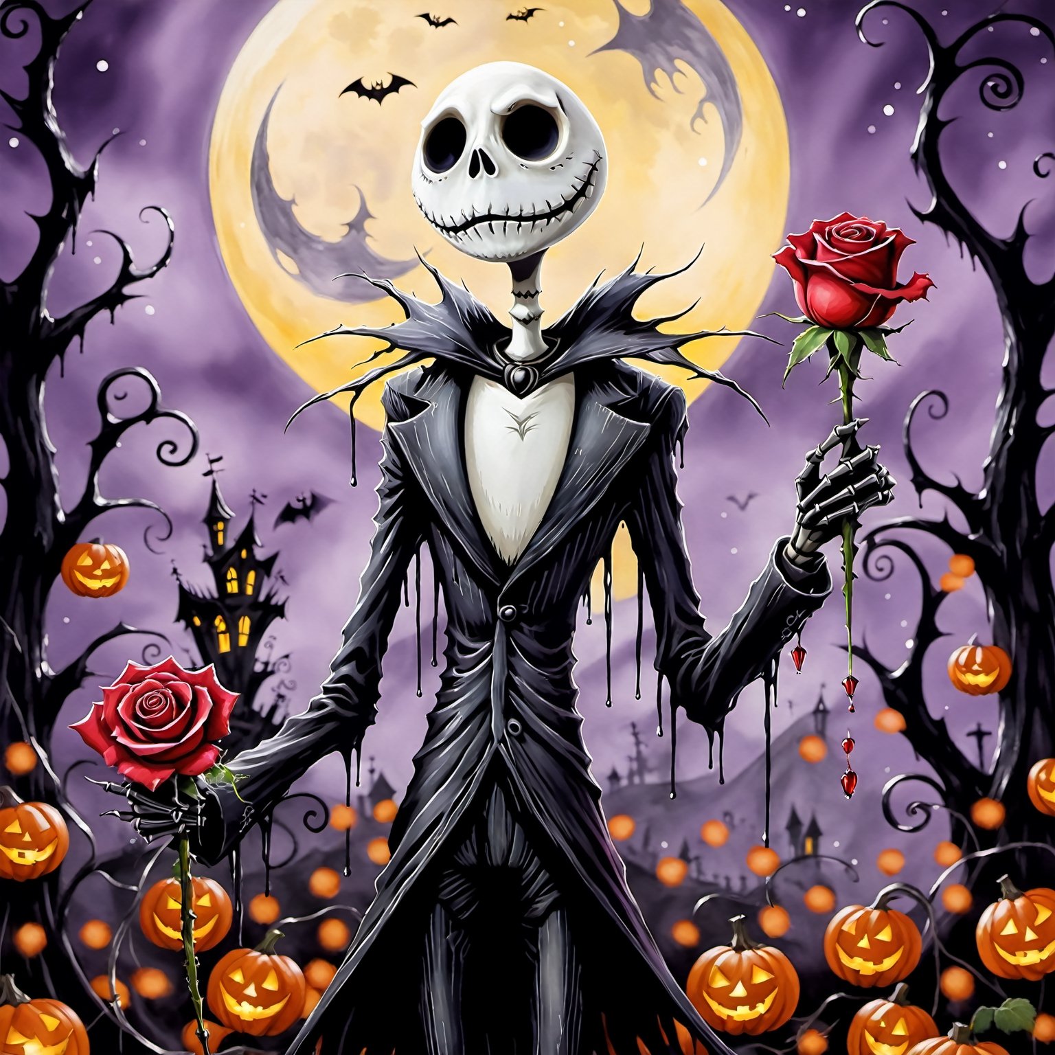 Jack Skellington from nightmare before christmas, happy, holding a rose, in halloween town, 
, xxmixgirl,ink ,shuicaixiaodian,dripping paint