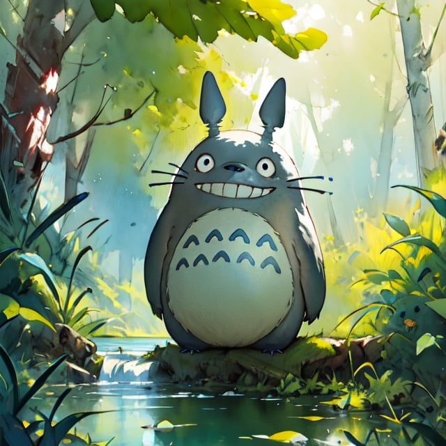 Totoro with a big smile, sitting in the sun light, in the forrest by a lake, looking at viewer,  (low camera angle:1.0) Extreme Close-Up

digital illustration, approaching perfection, dynamic, highly detailed, watercolor painting, artstation, concept art, sharp focus, in the style of artists like Russ Mills, Sakimichan, Wlop, Loish, Artgerm, Darek Zabrocki, and Jean-Baptiste Monge,v0ng44g

,watercolor,hella