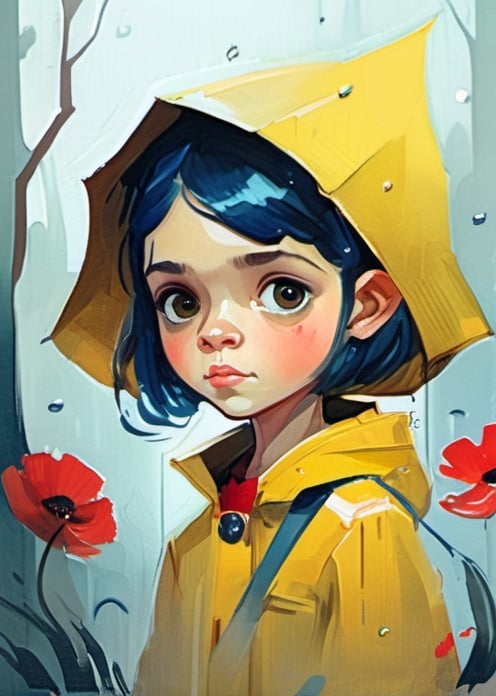 Cute little Coraline with face of Jenna Ortega, with big red Button for Eyes, Yellow Rain coat with hood on head, Blue short hair, red shachel, gloomy garden, red flowers, big eyes, freedom, soul, digital illustration, approaching perfection, dynamic, highly detailed, watercolor painting, artstation, concept art, sharp focus, in the style of artists like Russ Mills, Sakimichan, Wlop, Loish, Artgerm, Darek Zabrocki, and Jean-Baptiste Monge,v0ng44g