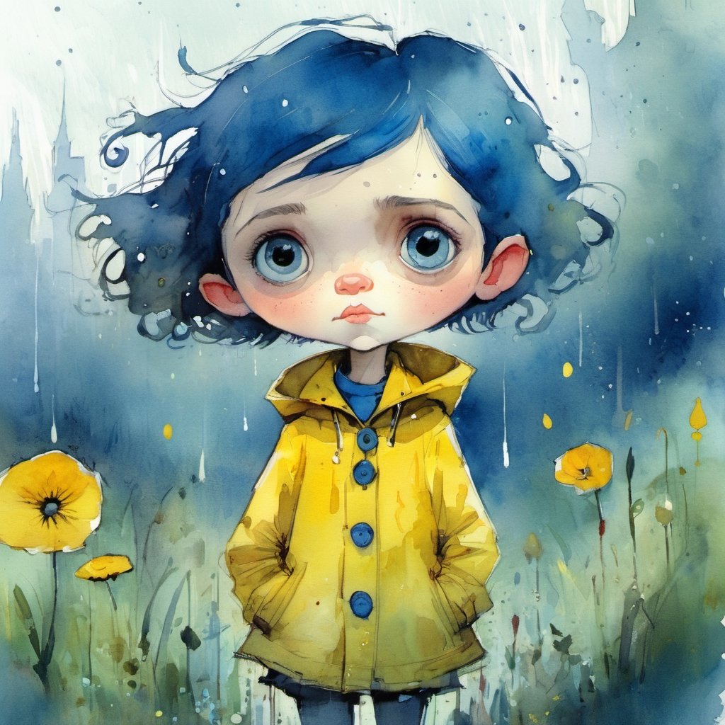 Cute little Coraline with face of Jenna Ortega, with big red Button for Eyes, Yellow Rain coat, Blue short hair, red shachel, gloomy garden, big eyes, freedom, soul, digital illustration, approaching perfection, dynamic, highly detailed, watercolor painting, artstation, concept art, sharp focus, in the style of artists like Russ Mills, Sakimichan, Wlop, Loish, Artgerm, Darek Zabrocki, and Jean-Baptiste Monge,v0ng44g