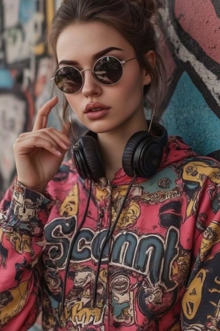 A vibrant hyper-realistic portrait of a confident Russian woman standing before a bold graffiti wall, her stylish glasses reflecting the colors of the urban canvas. She wears a brightly colored 'scam nft' hoodie adorned with cartoon graphics, large headphones draped around her neck. The painting's dynamic composition blends Möbius-inspired curves, glitch art textures, and ukiyo-e patterns, evoking a sports poster's energy and capturing the essence of modern street culture in meticulous detail. her hand crackling with huge fire power as she gazes directly at the camera, 