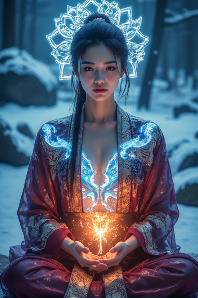 ral-ertmsphr, realistic, detailmaximizer, portrait of a young beautiful Chinese woman with pale skin and long dark hair, blue mystical make up, striking white eyes with ,  pale blue lips. She wears an ornate, traditional garment in red gold and blue with dragon-like designs on the shoulders. Set against a blurred snowy landscape with dark rocks and trees creating a serene mystical atmosphere. The style focuses on realistic textures, intricate details, and ethereal beauty, evoking a contemplative, mystical mood. highly detailed background, (((her hand crackling with huge fire power as she gazes directly at the camera,gentle facial contours poses meditatively in an Indian-inspired cross-legged position. The colorfully neon light of chakra shines through the head, chest, and abdomen, Behind her, a radiant, magical mandala-like aura of glowing, icy patterns spreads out, adding an ethereal and divine presence,)))