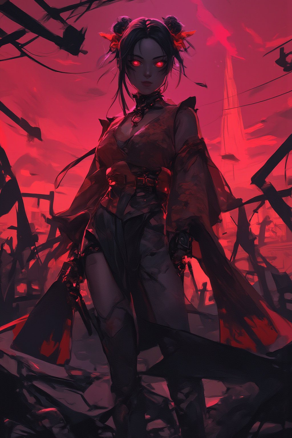 In a desolate post-apocalyptic Moscow Kremlin, ravaged by chaos and destruction, a lone cyborg stands amidst the ruins, her fluorescent pink eyes glowing bright amidst the fiery red sky ablaze with flames and dark black clouds. Her long black hair flows down her back, adorned with a hair ornament that shines like a beacon of hope. She wears a stunning kimono with a floral print of cherry blossoms, its delicate petals fluttering in the wind. The once-beautiful fabric is now tattered and worn, mirroring the destruction surrounding her. A soft smile plays on her lips as she looks directly at the viewer, her parted bangs framing her face like a work of art. Her red eyes seem to pierce through the darkness, illuminated by the faint glow of her cybernetic enhancements. A delicate bow adorns her neck, complementing the intricate jewelry that wraps around her upper body. Amidst the devastation, she stands frozen in time, her beauty and poise a defiant declaration against the backdrop of destruction. The blurred background, with its twisted metal and shattered bricks, serves as a stark contrast to the vibrant colors of her kimono and the fiery red sky above, creating a striking visual narrative that freezes the viewer's gaze.