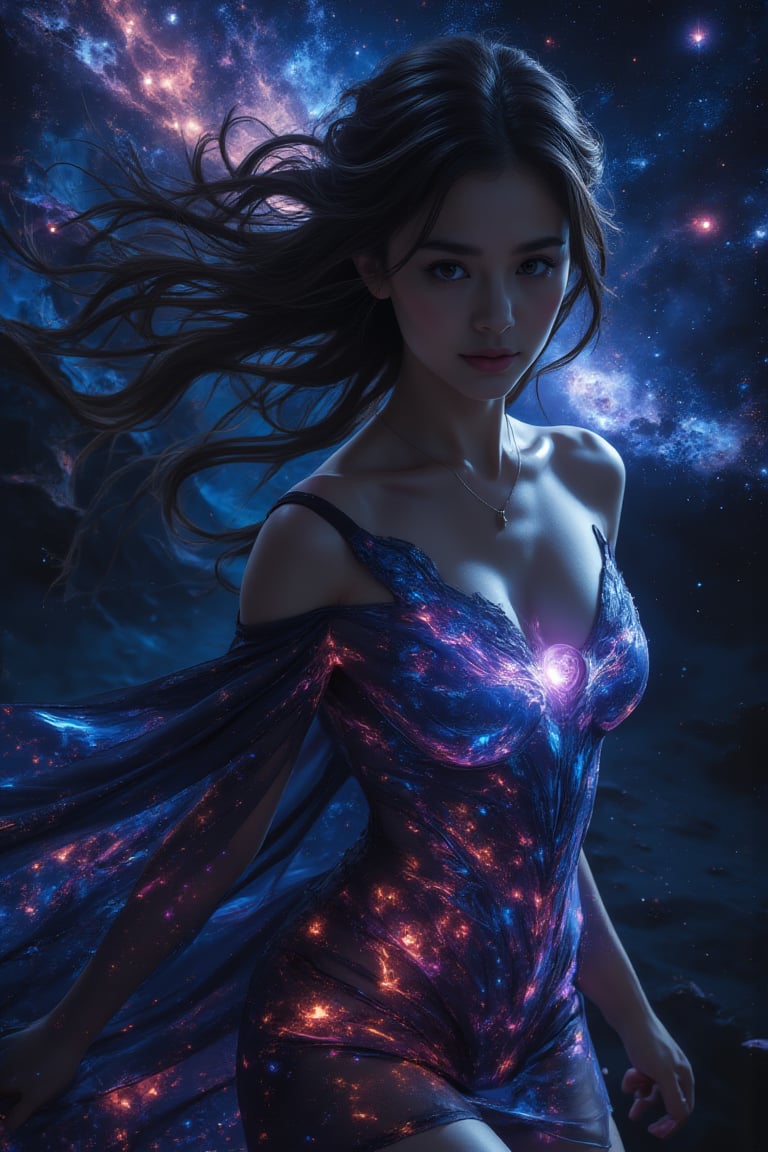 masterpiece, best quality, ultra high res, (abstract art:1.3), (dark theme:1.2), art, stylized, deep shadow, dark theme, 1girl, cosmic dress, cosmic beauty, in space, nebula