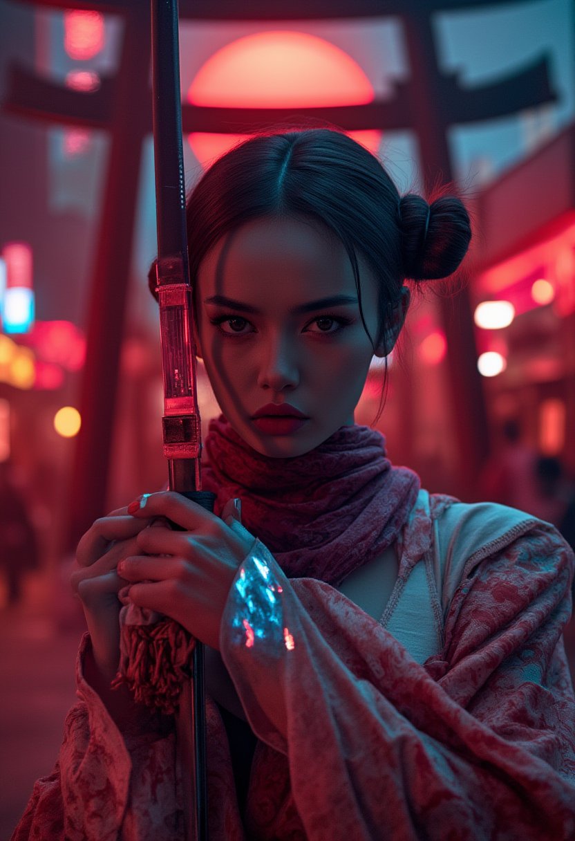 (An overhead close-up shot captures the cyborg warrior as she lifts her katana high above her head, the blade dominating the frame and glowing with the crimson light of the red moon. The focus shifts from the sharp edge of the katana to her mechanical jaw and intense eyes beneath her short, double pom-pom hair. Her baggy kimono and flowing scarf add intricate textures to the scene as they ripple in the wind. In the background, blurred out, two mountains and a giant torii gate loom under the red moonlight, with volumetric fog and cyan-red lights creating an otherworldly ambiance retro cyberpunk girl, (kyoto street background:1.1),cyberhelmet, unzip sleeves,(((Her porcelain skin glows softly beneath holographic projections refracting light:1.2), highlighting intricate neon cablework within her transparent torso.  blue LED lights tracing her arm create an artful display of intensity.))),